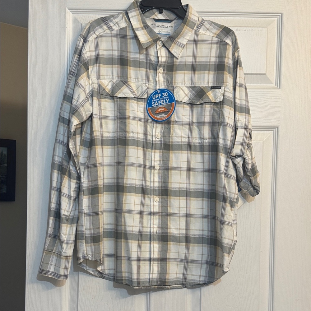 Columbia Men's Plaid Shirt in Gray, White, and Tan